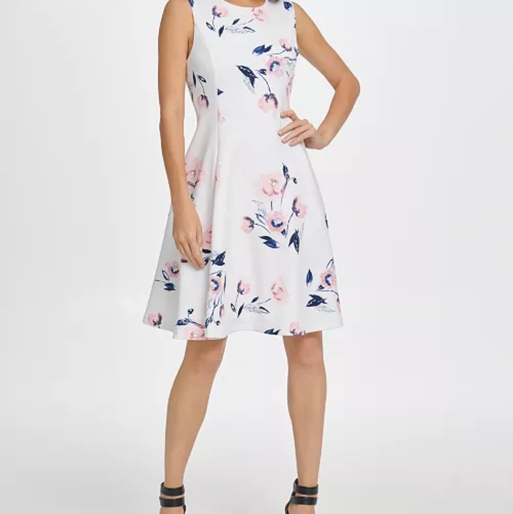 DKNY Sleeveless Floral Fit and Flare with POCKETS